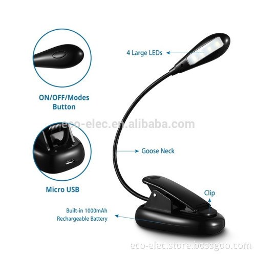 4 LED Rechargeable Book Light Clip On Reading Light, USB Cable Included,2 Brightness Level